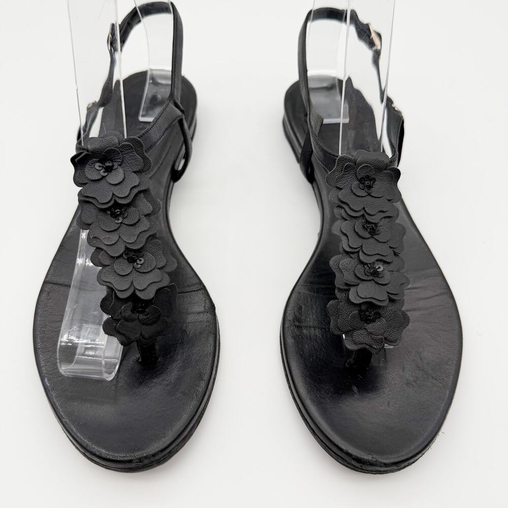 Chanel Camellia Sequin Black Leather Thong Sandal Flat Silver CC Logo Shoes 36.5 - Picture 12 of 12